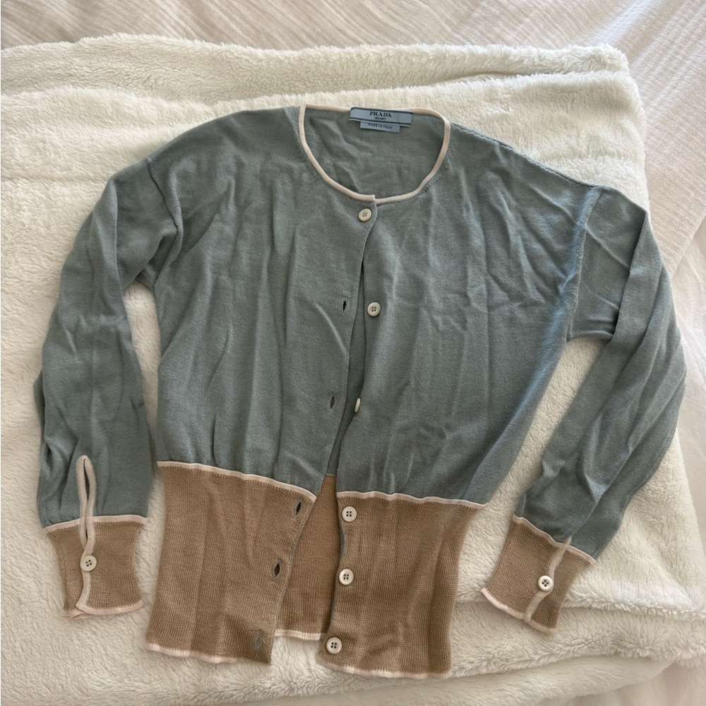 Prada Two-Tone Green and Tan Lightweight Cardigan